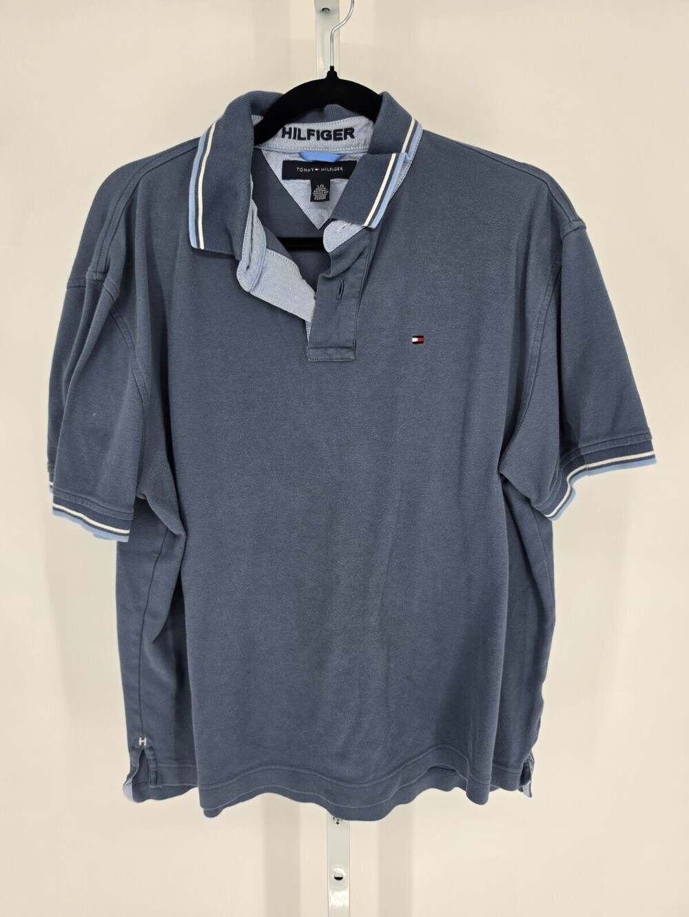 Vintage Tommy Hilfiger Mens Sz L Short Sleeve Cotton Polo Shirt Slate Blue
